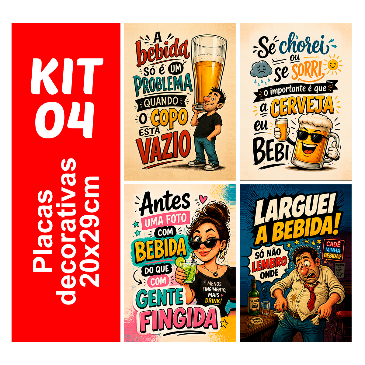 Kit 4 Placa Decorativa Mdf Bar Bebida Decoração 20x29
