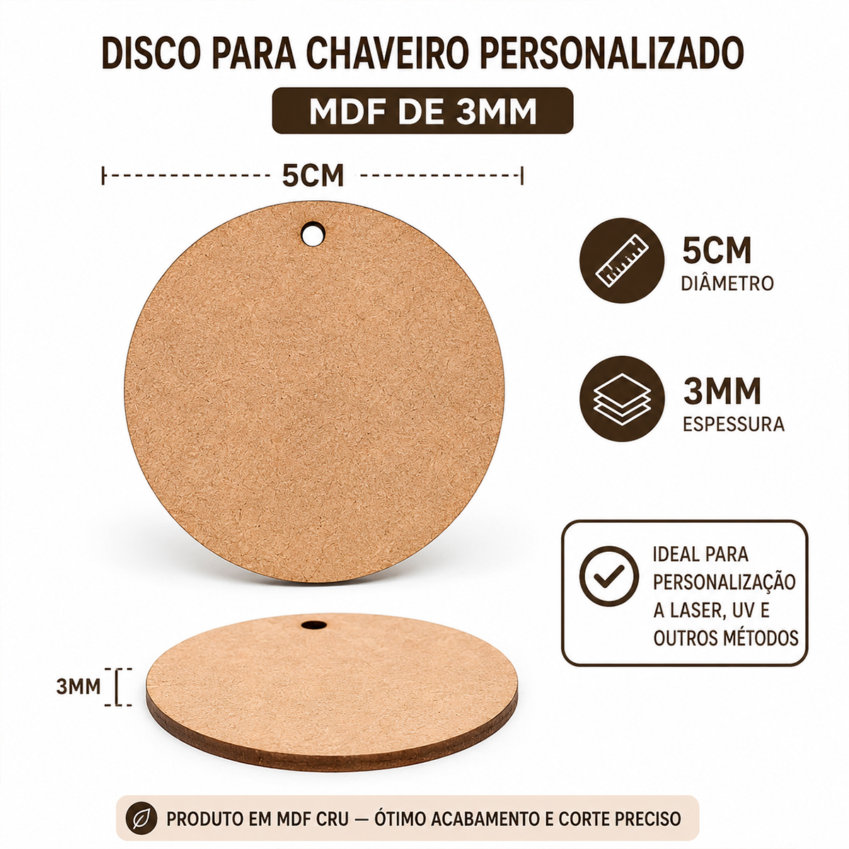 Kit 50 base Chaveiro Mdf 5cm Círculo Bolacha aplique Furo - Imagem 5
